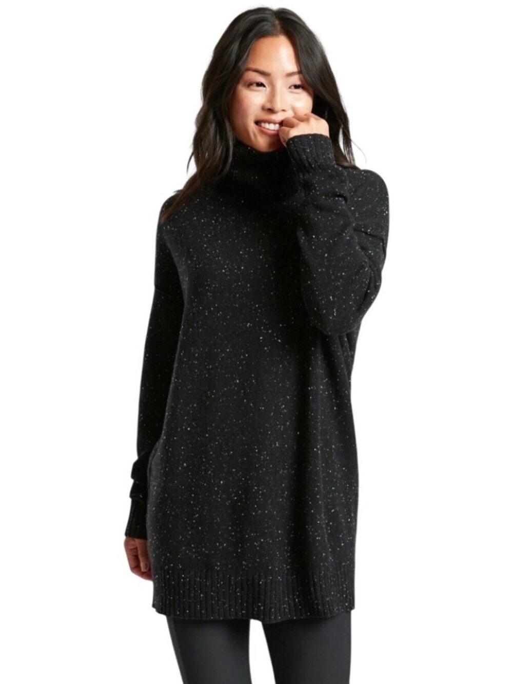 Athleta Bayshore Tunic Sweater Sz S Black Turtleneck Wool Cashmere Speckled Cozy